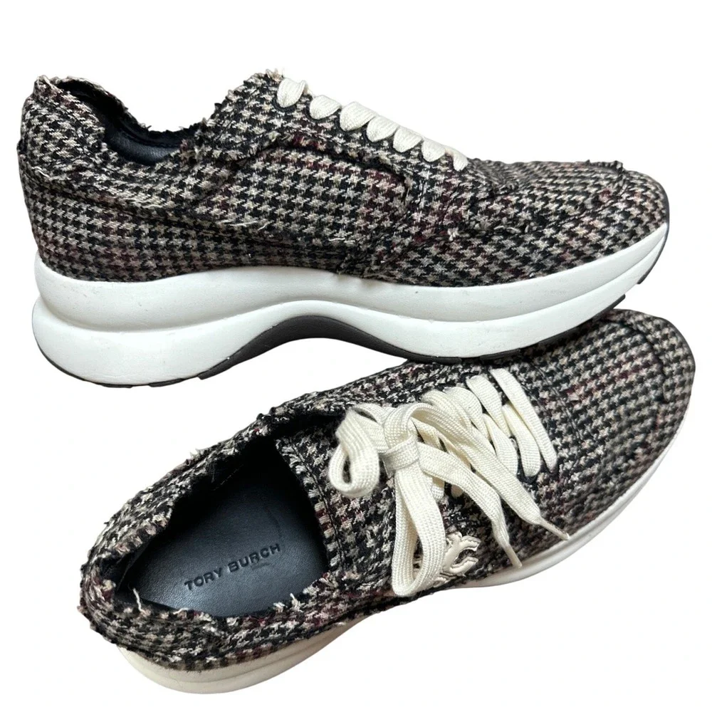 Tory Burch Kick Trainer Houndstooth Sneakers Brown Black Womens Size‎ 9.5 Preppy